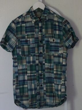 J Crew Patchwork Button Up Men’s Shirt Medium Cotton XS Blue Green Yellow White